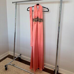 Ramy Brook Coral Halter Gown with Embellished Waist – Size 2